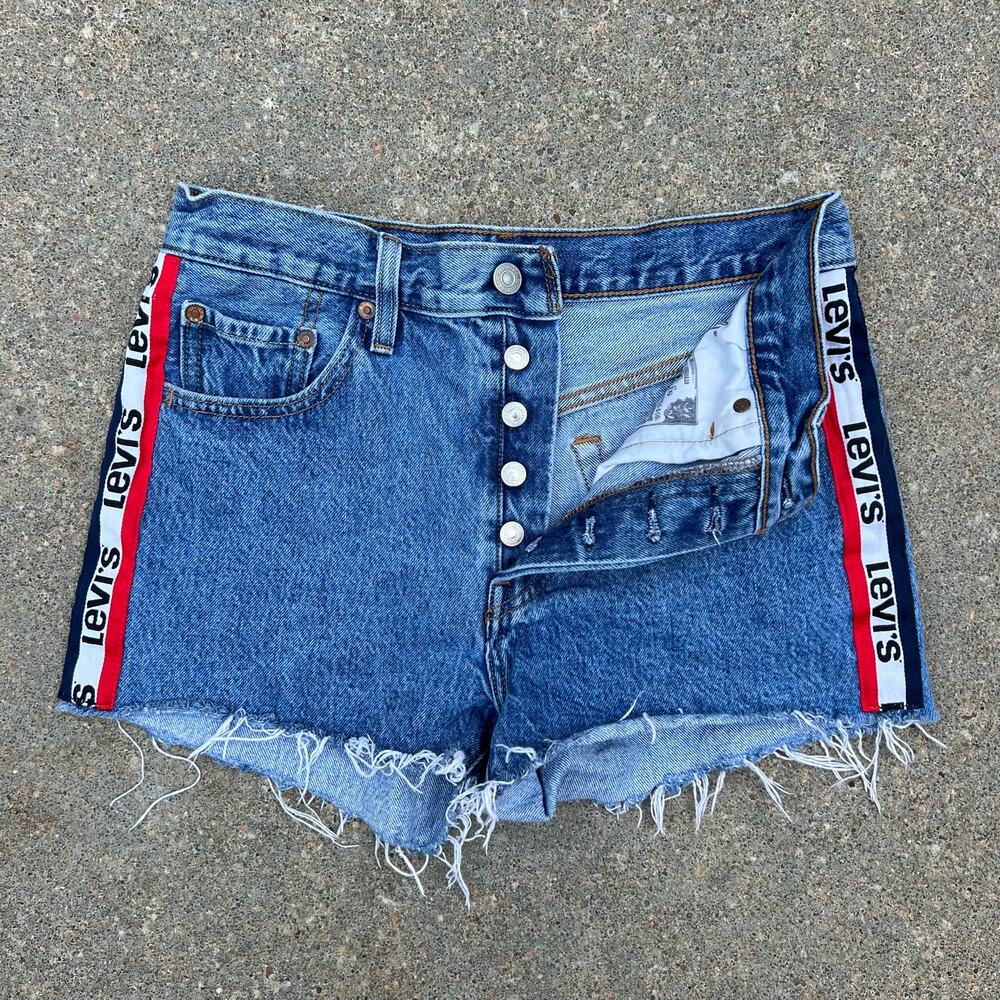 Levi's Spellout Side Ribbon 501 Fray Hem Button Fly Cutoff Jean Shorts Size 27